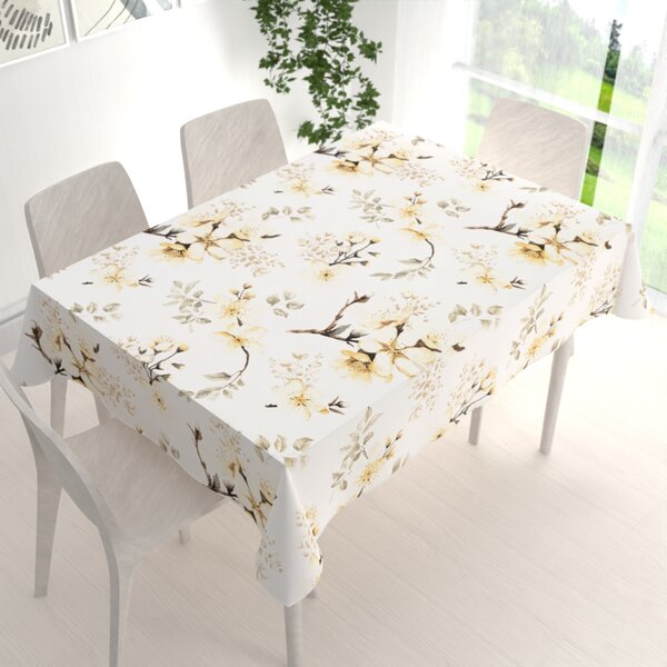 Biante Bavlnený obdĺžnikový obrus Sandra SA-582 Žlté kvety s vetvičkami na bielom 50x100 cm