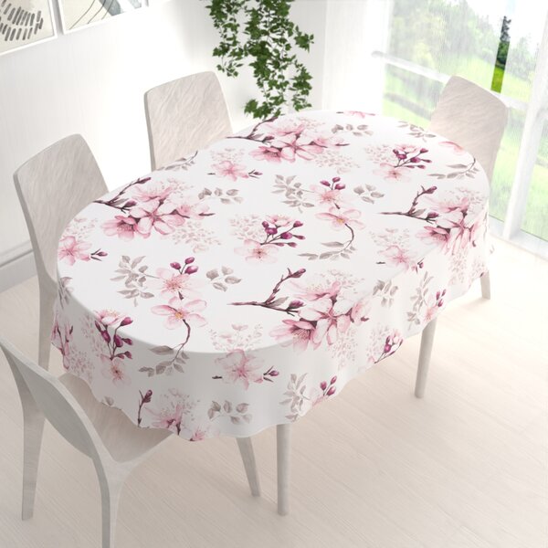 Biante Bavlnený oválny obrus Sandra SA-583 Ružové kvety s vetvičkami na bielom 50x100 cm