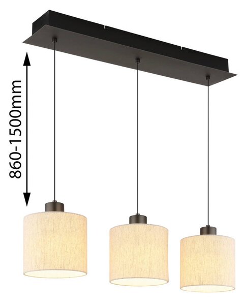 LED závesné svietidlo Thea, dĺžka 74 cm, 3-pl., krémová/matná čierna, Krémová / jantárovo žltá, Obývacia izba / jedáleň, Textil / látka / hodváb, Škandinávsky