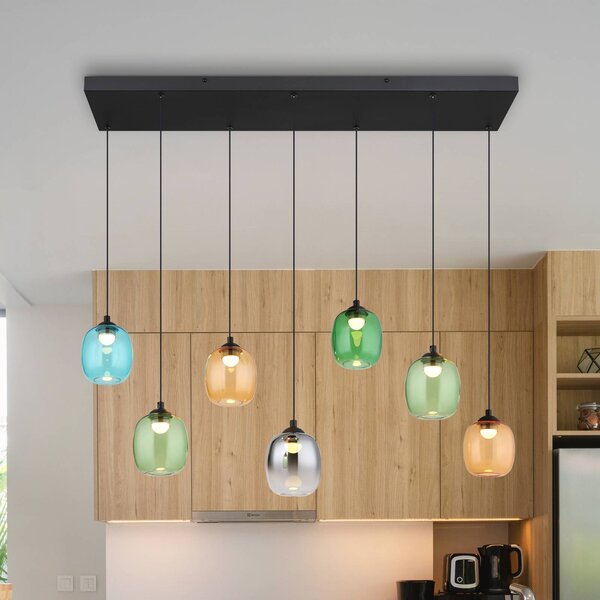 LED závesné svietidlo Minara, 7-pl., dĺžka 102 cm, farebné, sklo, Viacfarebné, Obývacia izba / jedáleň, kov, Moderný