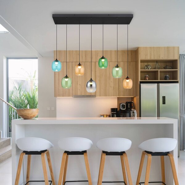 LED závesné svietidlo Minara, 7-pl., dĺžka 102 cm, farebné, sklo, Viacfarebné, Obývacia izba / jedáleň, kov, Moderný