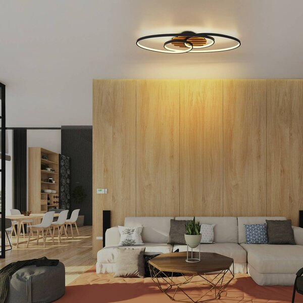 Globo Stropné LED svetlo Tisha I, matná čierna/drevo, dĺžka 85 cm, Svetlé drevo, Obývacia izba / jedáleň, Drevo, Moderný