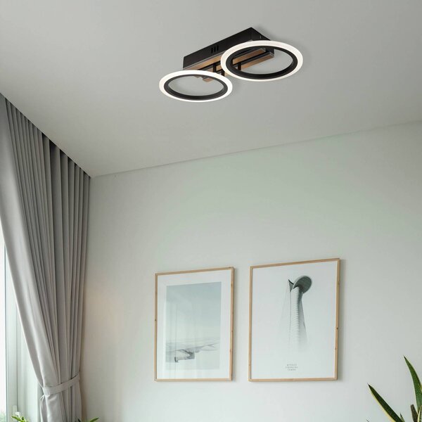 Stropné LED svetlo Blevins 2-pl. čierne/drevený vzhľad, dĺžka 46 cm, Čierna, Obývacia izba / jedáleň, kov, Moderný, Stropné svetlo