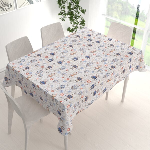 Biante Detský bavlnený obdĺžnikový obrus Sandra SA-584 Svet robotov na sivo-bielom 50x100 cm