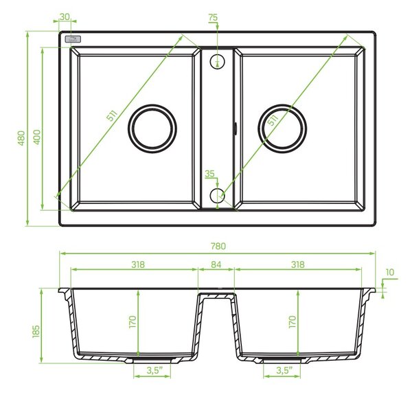 Laveo Barbados, 2-komorový granitový drez 780x480x185 mm, čierna škvrnitá, LAV-SBB_720T