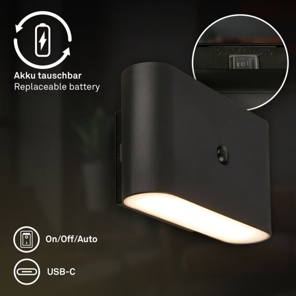 Briloner 3878015 - LED nabíjateľné nástenné svietidlo so senzorom CHAT LED/3W/5V 2000 mAh čierna