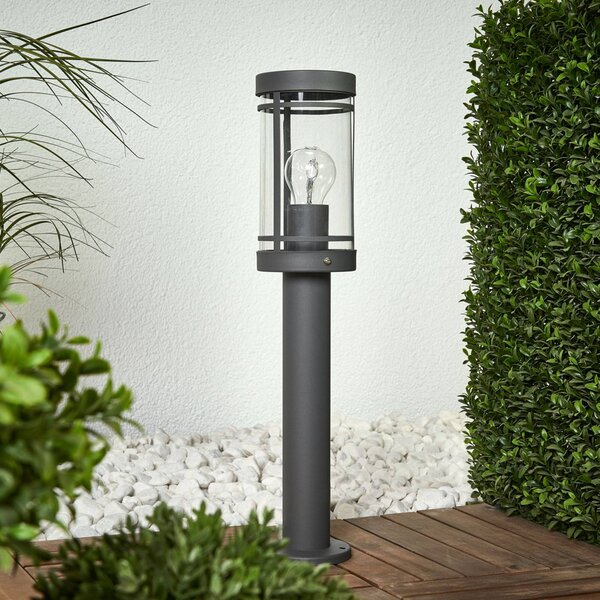Lindby Stojaca lampa Djori, 50 cm, antracitová, nerezová oceľ, E27, Hliník / sivá / zinok, Nehrdzavejúca oceľ, Moderný, Vonkajčie stĺpové osvetlenie