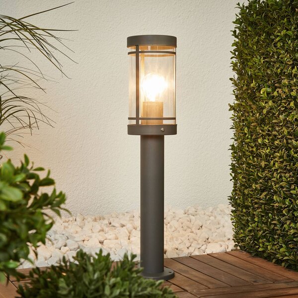 Lindby Stojaca lampa Djori, 50 cm, antracitová, nerezová oceľ, E27, Hliník / sivá / zinok, Nehrdzavejúca oceľ, Moderný, Vonkajčie stĺpové osvetlenie