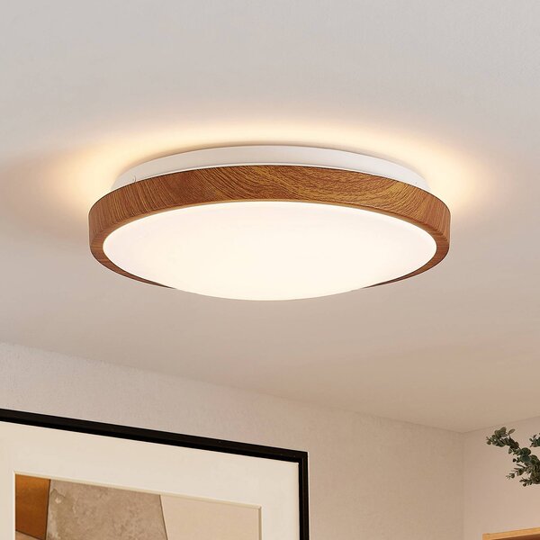 Lindby stropné LED svetlo Mynte, Ø30cm, drevený vzhľad, plast, Svetlé drevo, Obývacia izba / jedáleň, Plast, Moderný, Závesné svietidlo