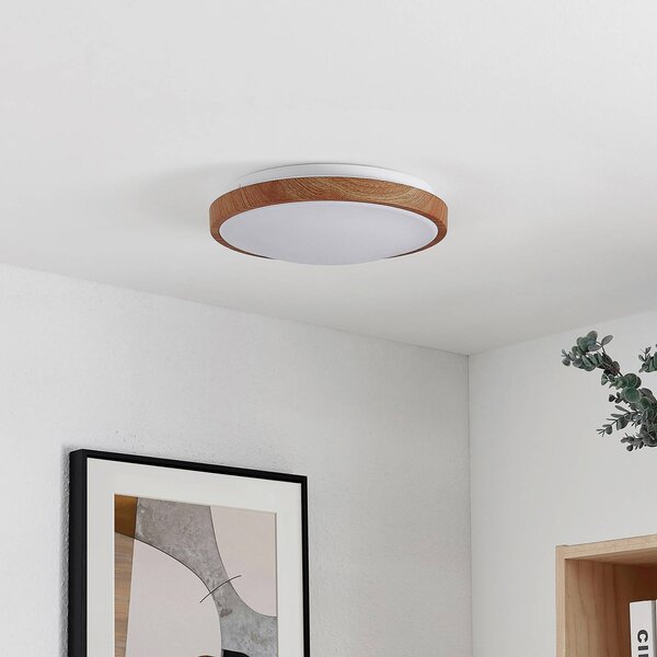 Lindby stropné LED svetlo Mynte, Ø30cm, drevený vzhľad, plast, Svetlé drevo, Obývacia izba / jedáleň, Plast, Moderný, Závesné svietidlo