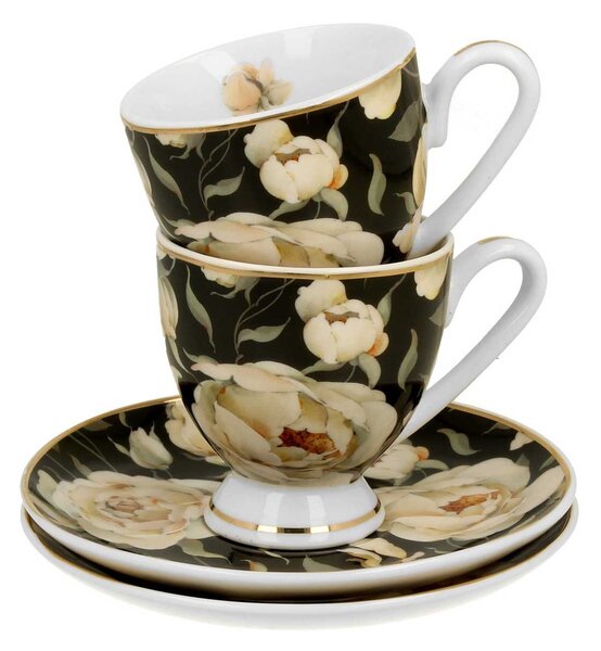 Porcelánová šálka na nohe s podšálkou English Roses Black 90 ml sada 2ks