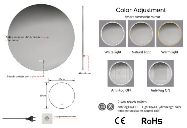 Erga Sofia, okrúhle LED zrkadlo 60cm, 1380 lm, 3 farby svetla, ERG-V01-207-6060
