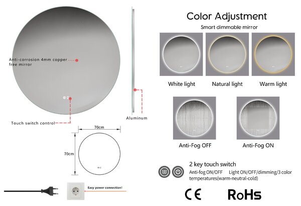 Erga Sofia, okrúhle LED zrkadlo 70cm, 1610 lm, 3 farby svetla, ERG-V01-207-7070