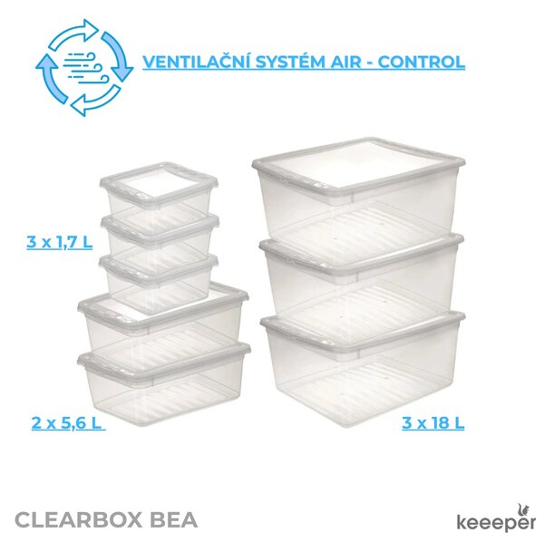 Keeeper Sada úložných boxov s vekom BEA Clearbox (3 x 1,7L, 2 x 5,5L, 3 x 18L), 39 x 33,5 x 25 cm