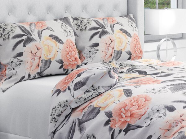 Biante Bavlnené posteľné obliečky Sandra SA-412 Veľké ružovo-sivé kvety na bielom Predĺžené 140x220 a 70x90 cm