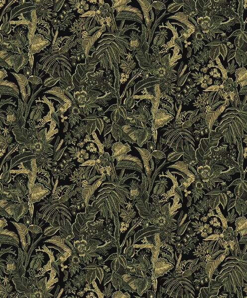 Čierno-zeleno-zlatá vliesová tapeta s kvetinami a listami, SUM505, Summer, Khroma by Masureel