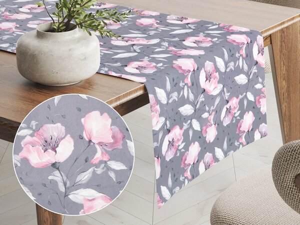 Biante Zamatový behúň na stôl Tamara TMR-013 Ružové kvety na sivom 20x120 cm