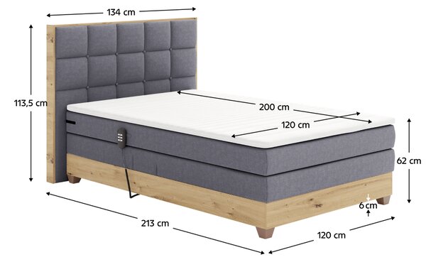 KONDELA Elektrická polohovacia posteľ, boxspring, tmavosivá/dub artisan, 120x200, TIANA