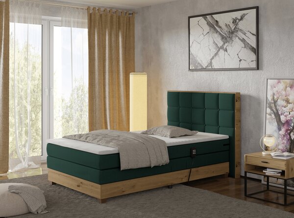 KONDELA Elektrická polohovacia posteľ, boxspring, zelená/dub artisan, 120x200, TIANA