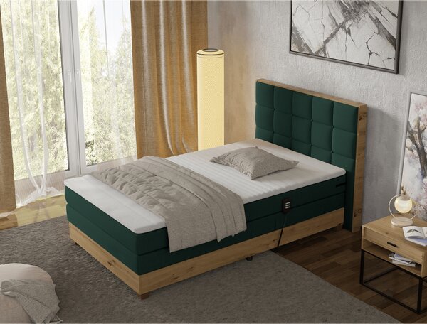 KONDELA Elektrická polohovacia posteľ, boxspring, zelená/dub artisan, 120x200, TIANA