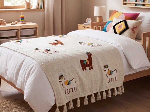 Prikrývka béžová a hnedá bavlnená 130 x 180 cm ručne vyšívaná so strapcami motív lamy deka v boho štýle