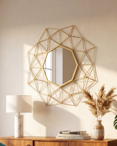 Nástenné zrkadlo zlatá železo sklo maľovaný povrch osemuholníkový tvar dekoratívny geometrický rám moderný glamour štýl doplnky