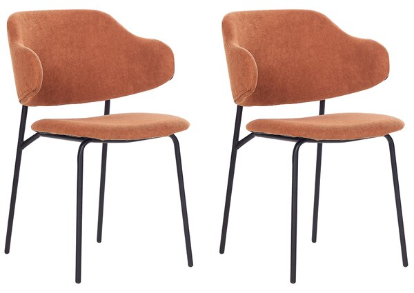 Súprava 2 jedálenských stoličiek oranžové látkové čalúnenie čierne kovové nohy bez opierok zaoblené operadlo moderný súčasný dizajn