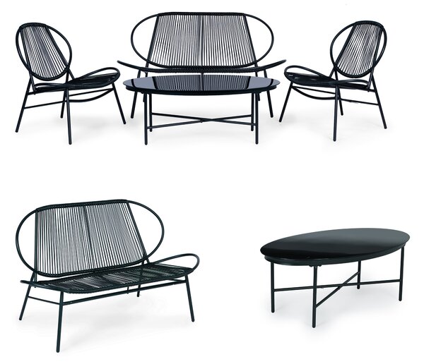 Set záhradného nábytku z ratanu, kovu, stoličiek, lavice a čierneho stola