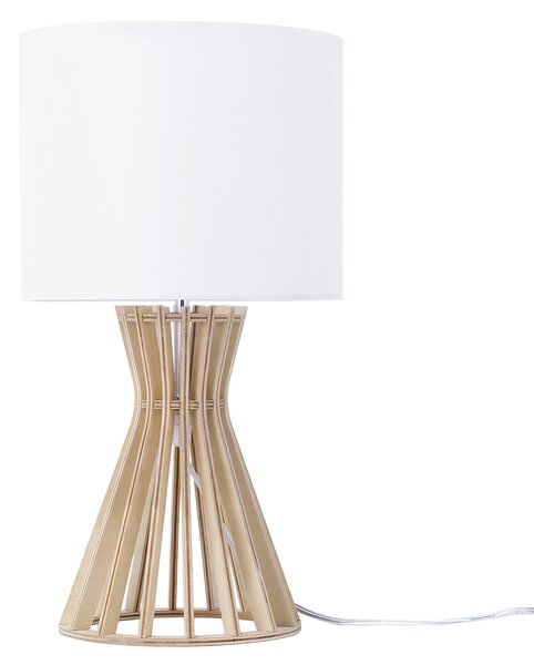 Stolná lampa biele látkové tienidlo svetlý drevený podstavec súčasné moderné svietidlo