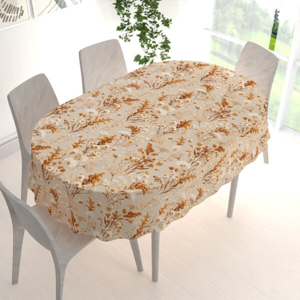 Biante Bavlnený oválny obrus Sandra SA-795 Hnedo-béžové jesenné kvety na sivobéžovom 50x100 cm