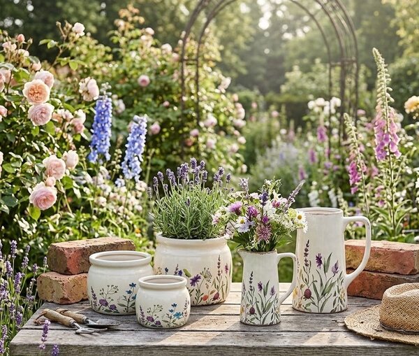 Keramický obal na kvetináč s lúčnymi kvetmi Rustic Flora S - Ø 12*10 cm - Clayre & Eef