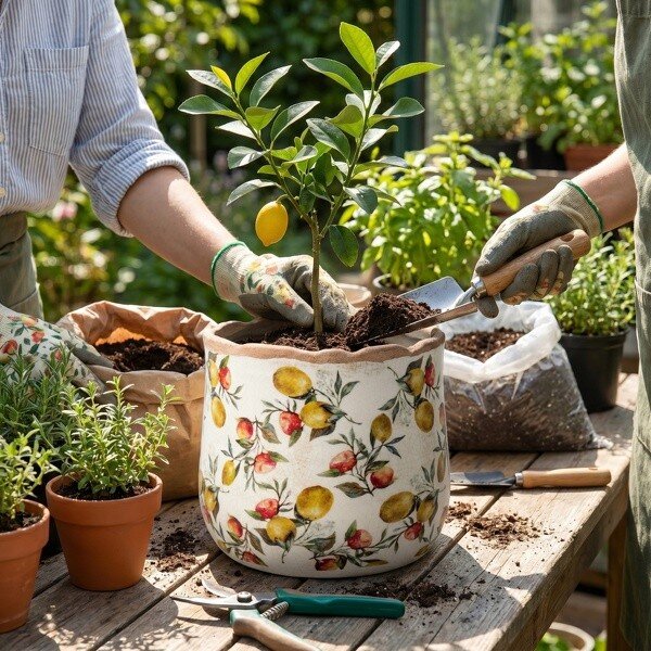 Keramický obal na kvetináč s citrónmi Lemon Grove L - Ø 18*16 cm - Clayre & Eef