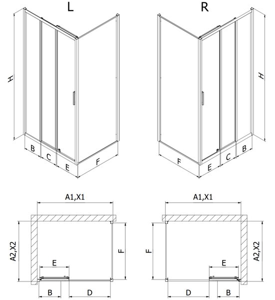 Mexen Exo, posuvná sprchová kabína, dvere 80 cm + bočná stena 80 cm, transparentné sklo, čierna, 8153-080-080-70-00