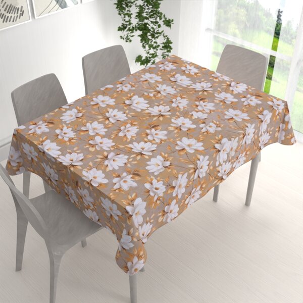 Biante Bavlnený obdĺžnikový obrus Sandra SA-717 Biele kvety magnólie na hnedosivom 50x100 cm