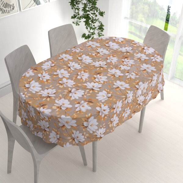Biante Bavlnený oválny obrus Sandra SA-717 Biele kvety magnólie na hnedosivom 50x100 cm