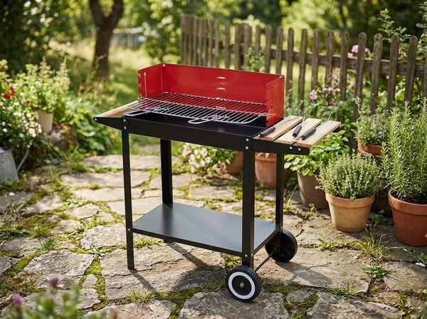 Záhradný gril na drevené uhlie BBQ 87x35 cm, čierny/červený