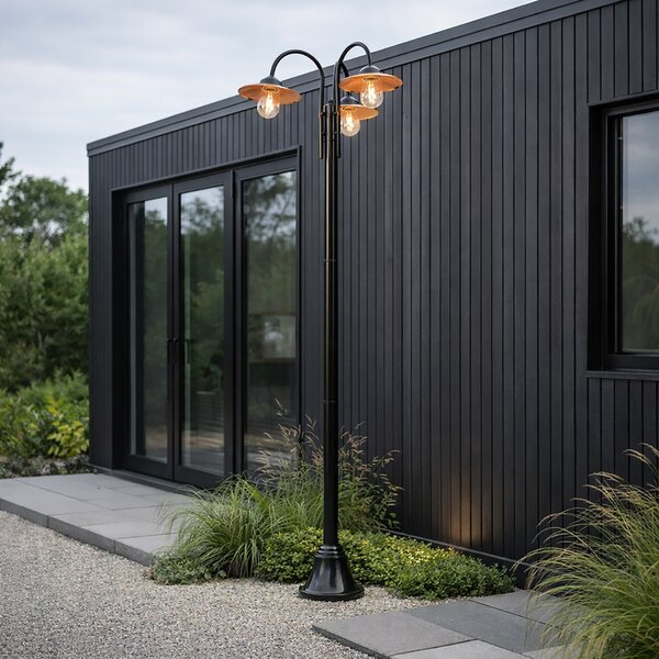 Moderná vonkajšia lampa čierna s meďou 235 cm 3-svetlá IP44 - Kansas