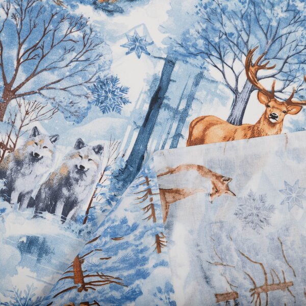 Biante Detský bavlnený záves Sandra SA-674 Lesné zvieratá v zimnom lese na modrom 150x140 cm