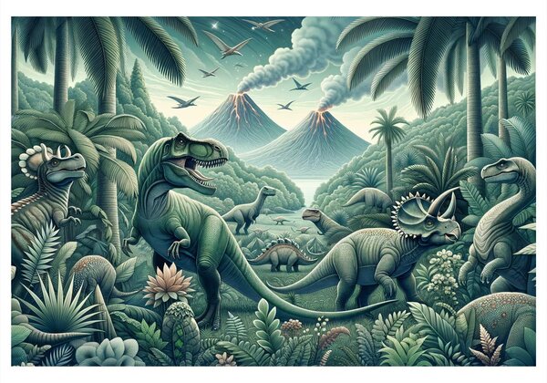 Obraz dinosaury v pralesnej krajine so sopkami