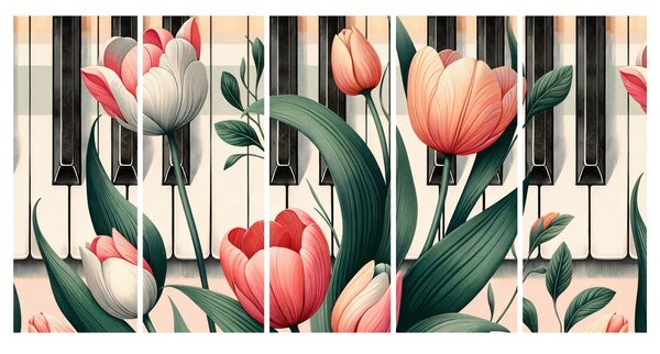 5-dielny obraz klavír a tulipány v kvetinovej symfónii