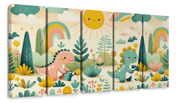 5-dielny obraz veselé dinosaury v dúhovej krajine