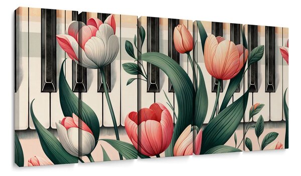 5-dielny obraz klavír a tulipány v kvetinovej symfónii