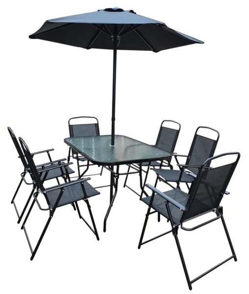 Chomik Záhradný set so slnečníkom Piere, hranatý stôl + 6 stoličiek, čierny
