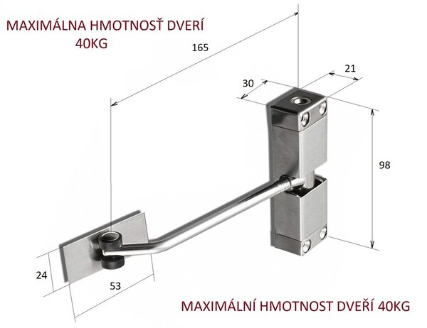 Dverový pružinový zatvárač H 98mm, L 165mm, kryt z nehrdzavejúcej ocele, max. hmotnosť dverí 40kg