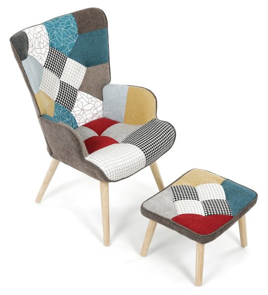 Relaxačné kreslo ušiak LISA + taburet — masív, látka, patchwork