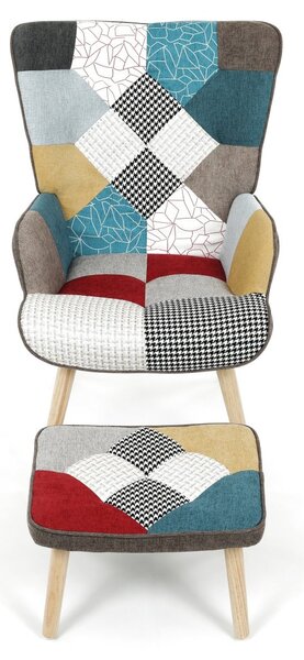 Relaxačné kreslo ušiak LISA + taburet — masív, látka, patchwork