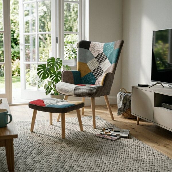 Relaxačné kreslo ušiak LISA + taburet — masív, látka, patchwork