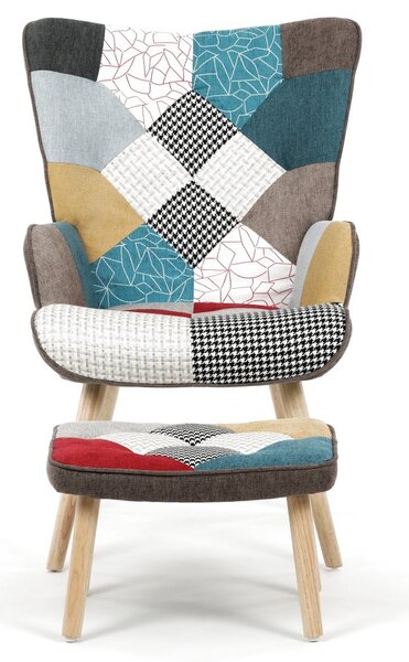 Relaxačné kreslo ušiak LISA + taburet — masív, látka, patchwork