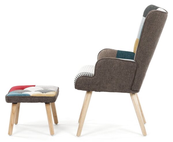 Relaxačné kreslo ušiak LISA + taburet — masív, látka, patchwork