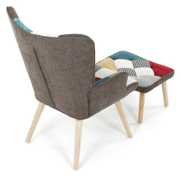Relaxačné kreslo ušiak LISA + taburet — masív, látka, patchwork
